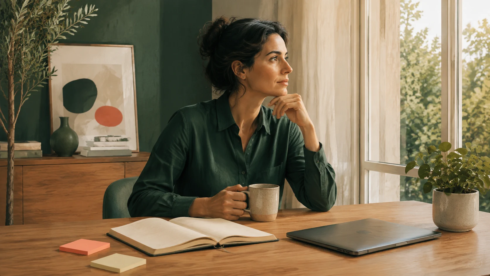 Professionista alla scrivania con notebook e computer, in una pausa durante la giornata lavorativa