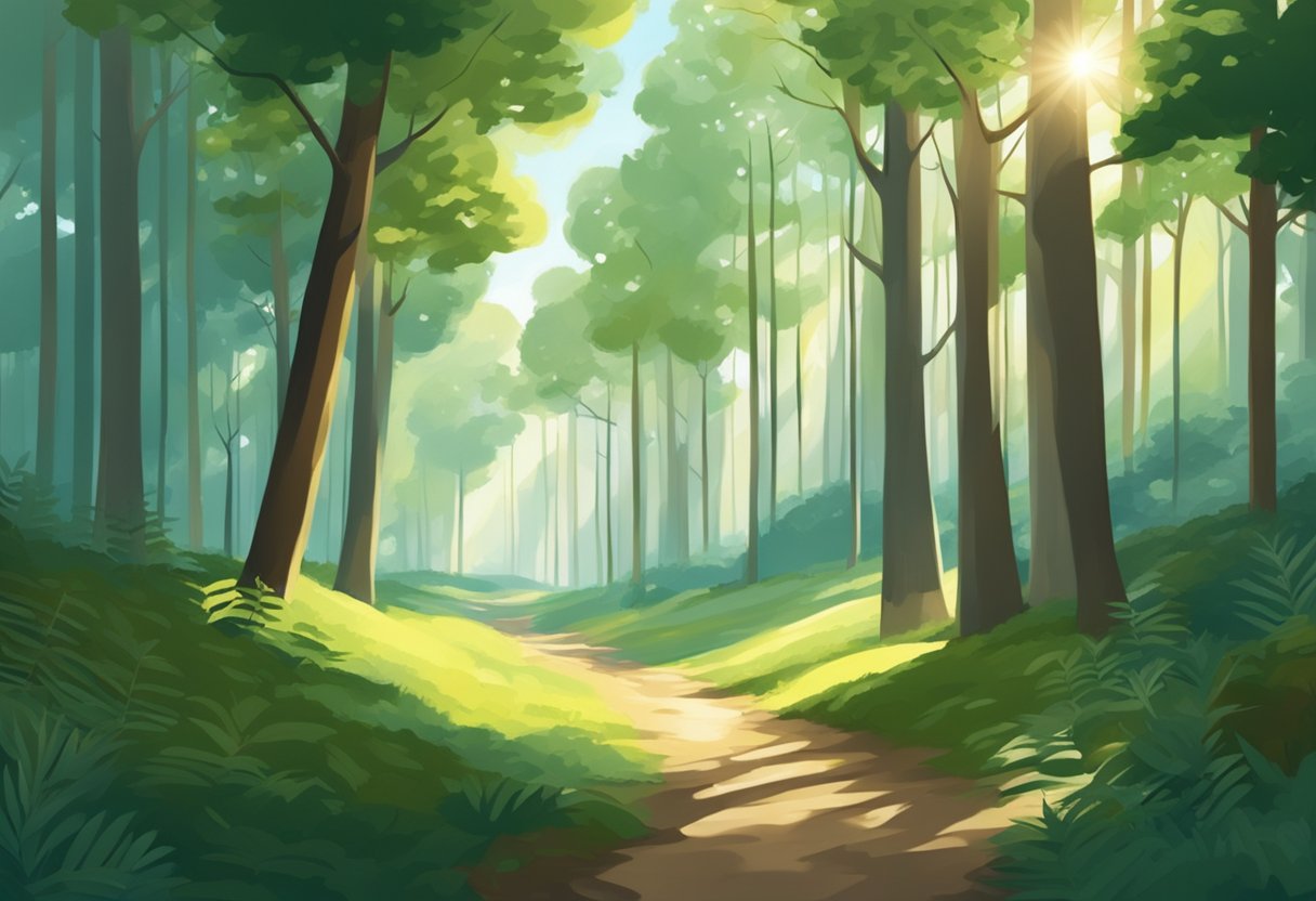Foresta serena con luce del sole che filtra attraverso gli alberi trasmettendo pace e tranquillita