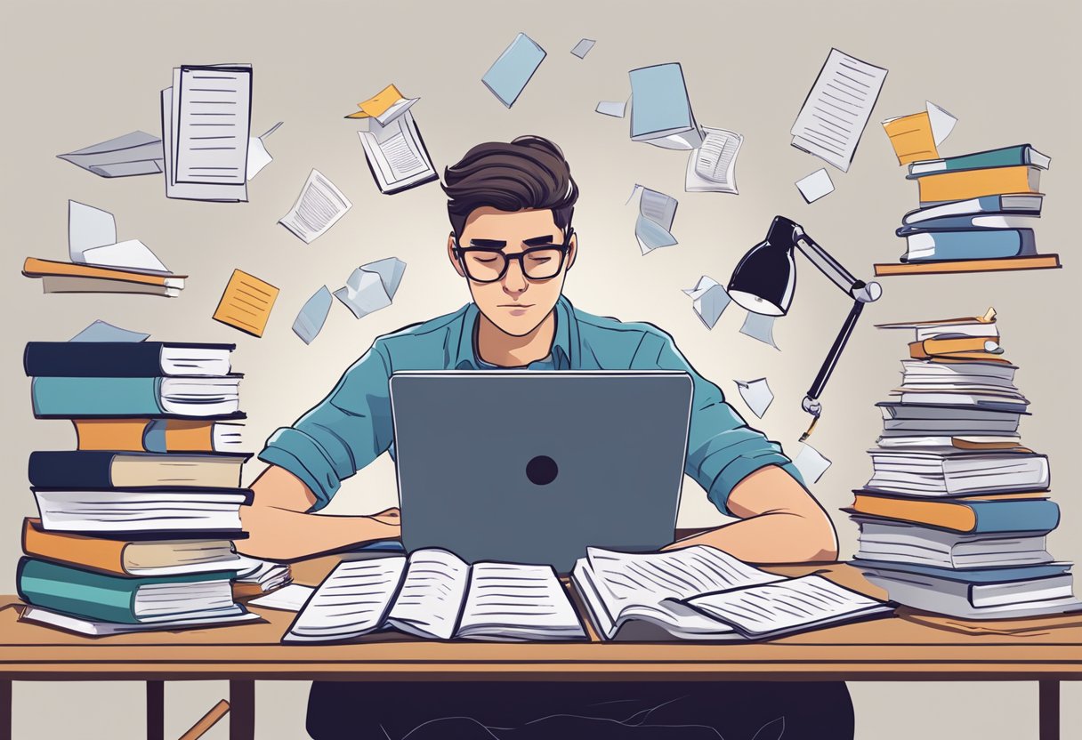 Persona seduta a una scrivania circondata da fogli e libri con espressione ansiosa mentre studia