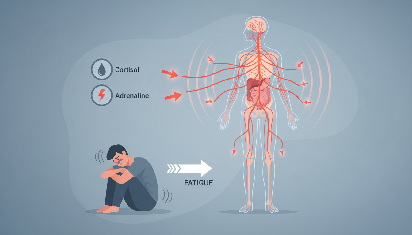 Illustrazione di come la risposta di lotta o fuga con cortisolo e adrenalina porta alla fatica ansia