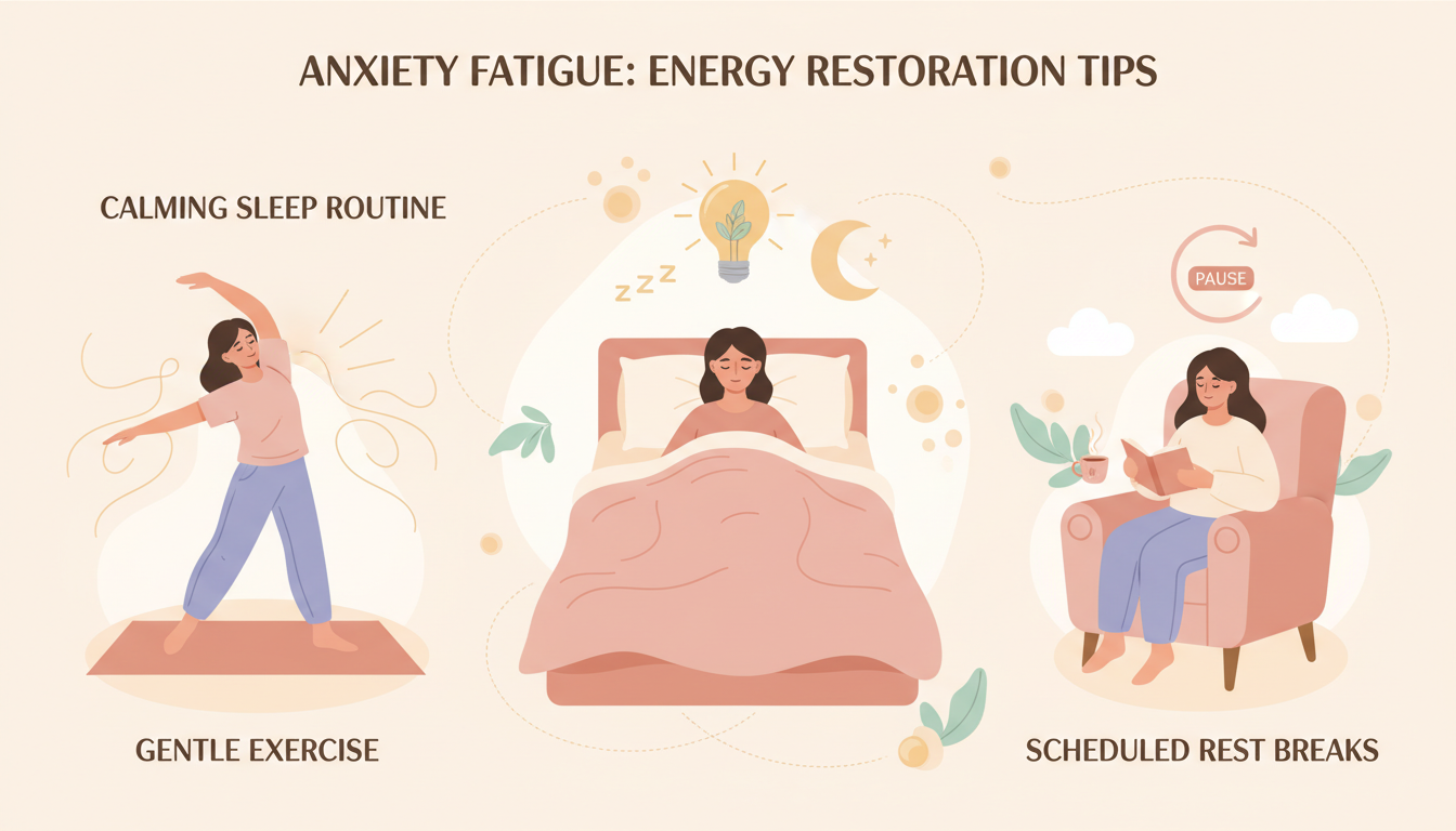 Infografica in tre pannelli che mostra suggerimenti per la gestione della fatica di ansia tra cui esercizi delicati, routine del sonno e pause di riposo