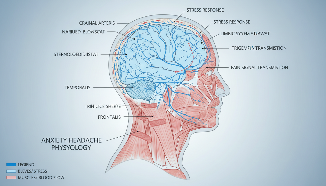 Illustrazione anatomica di come ansia provoca mal di testa attraverso la tensione muscolare, la costrizione dei vasi sanguigni e i segnali nervosi