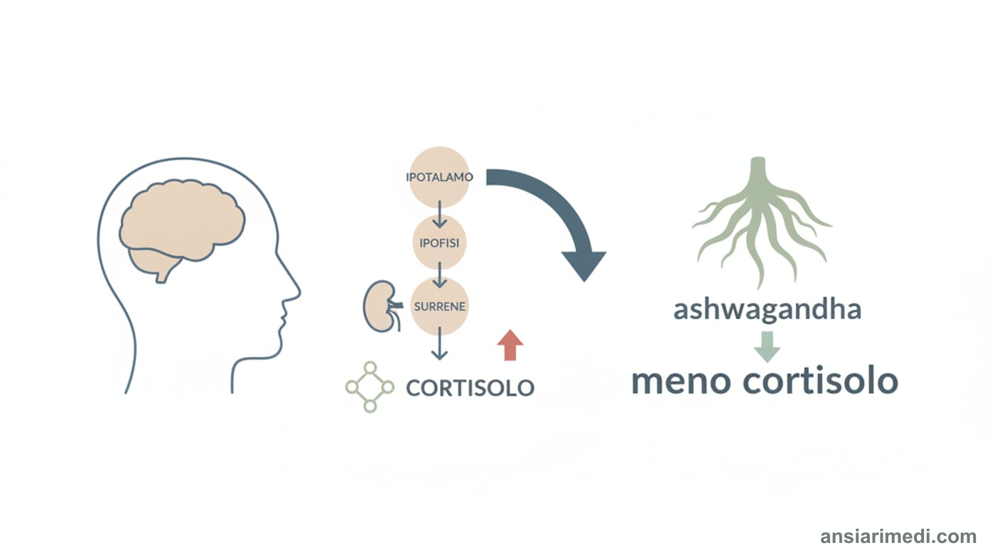 Diagramma dell'asse ipotalamo-ipofisi-surrene (HPA): lo stress cronico tiene alto il cortisolo, mentre l'ashwagandha modula la risposta allo stress e contribuisce ad abbassare il cortisolo