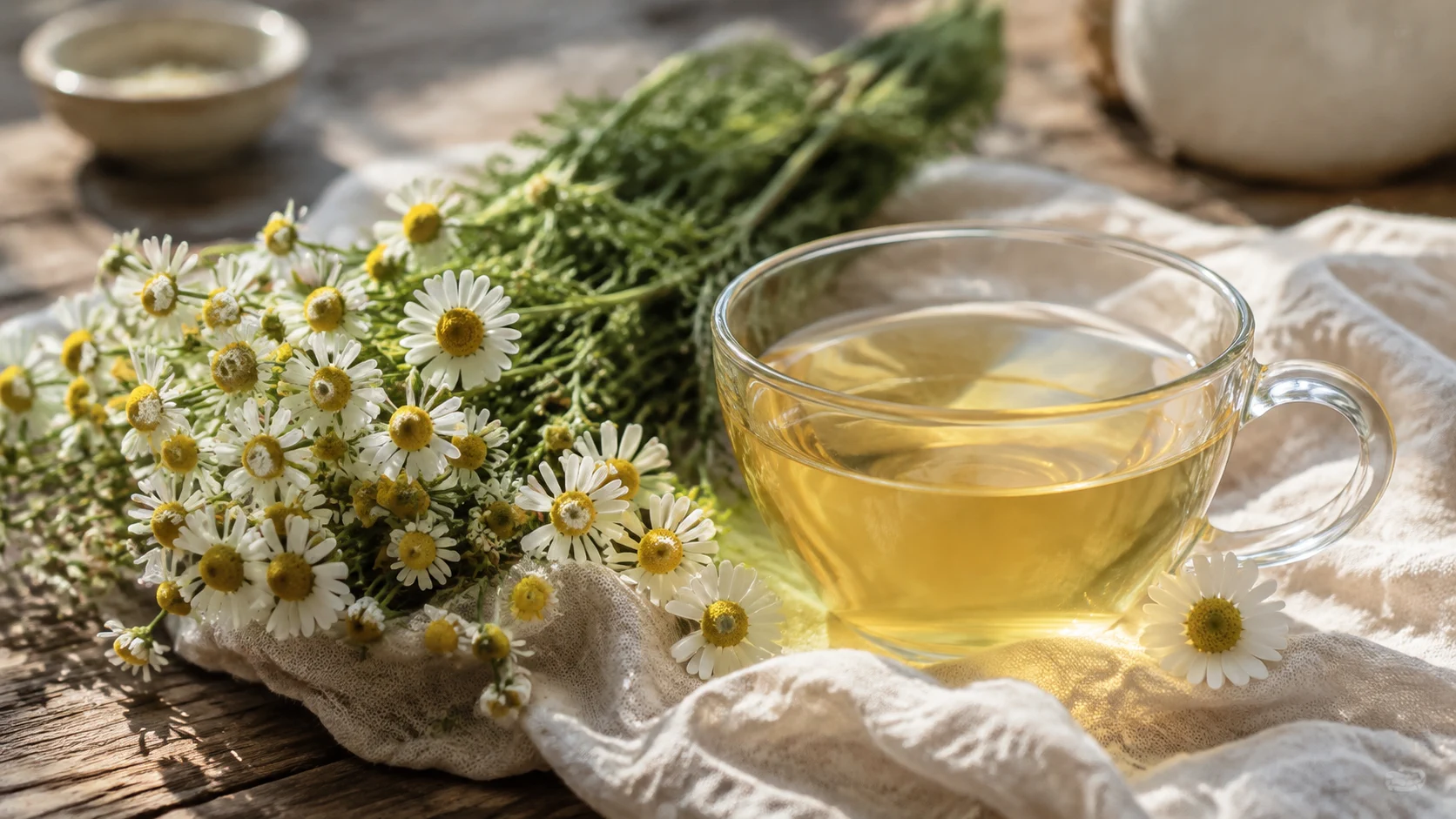 Fiori di camomilla freschi accanto a una tazza di infuso dorato