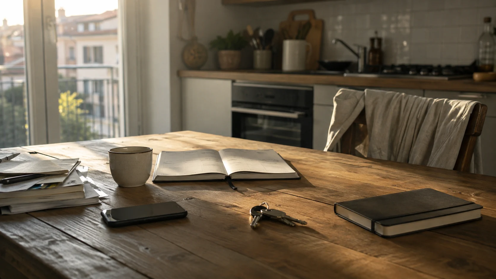 Tavolo con calendario, chiavi e taccuini in una cucina