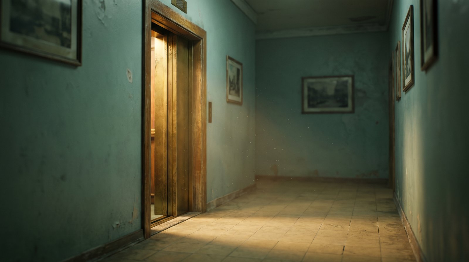 Porta di un ascensore d'epoca socchiusa con luce calda che filtra nel corridoio