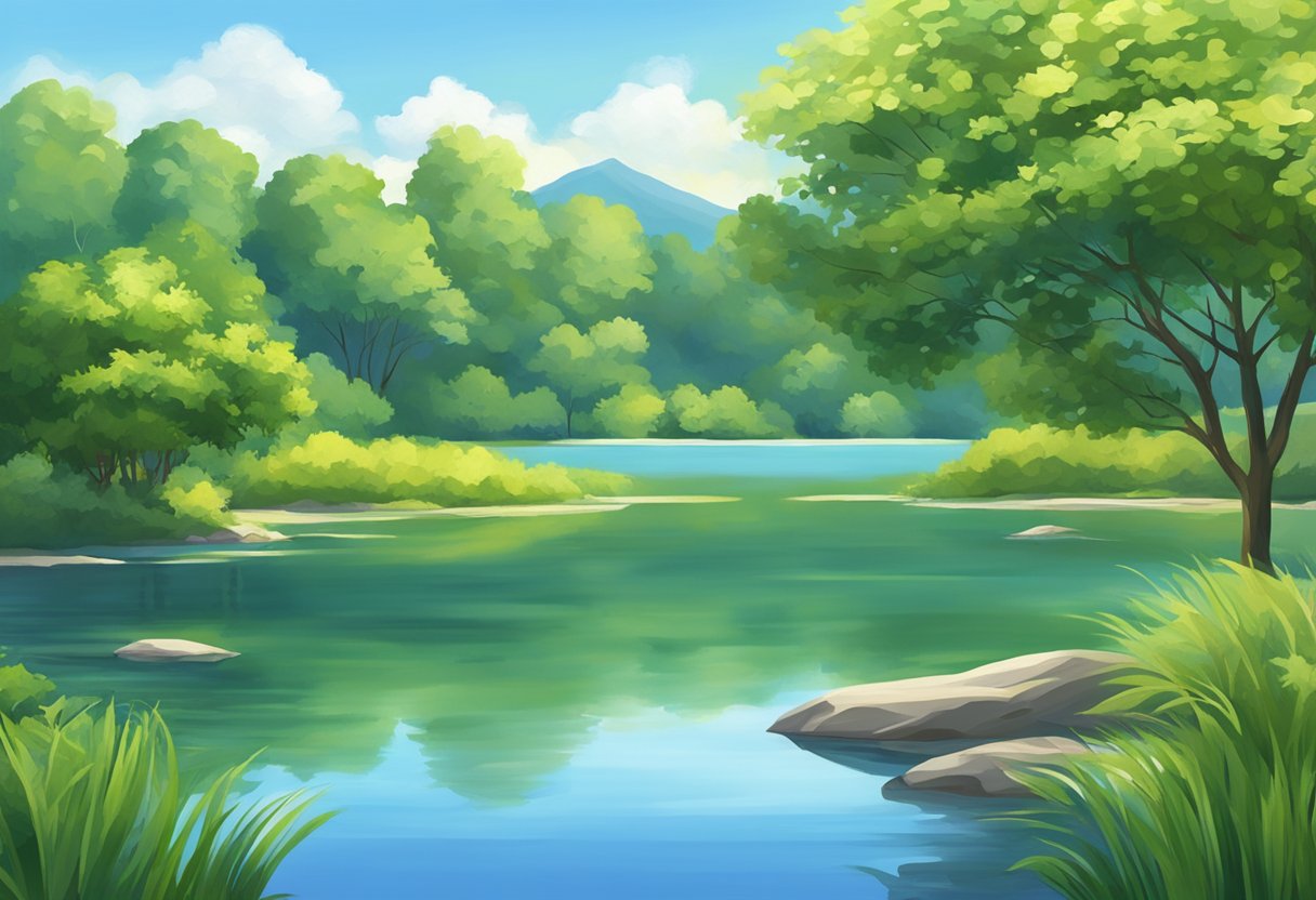 Paesaggio sereno con acqua calma, vegetazione lussureggiante e cielo blu chiaro