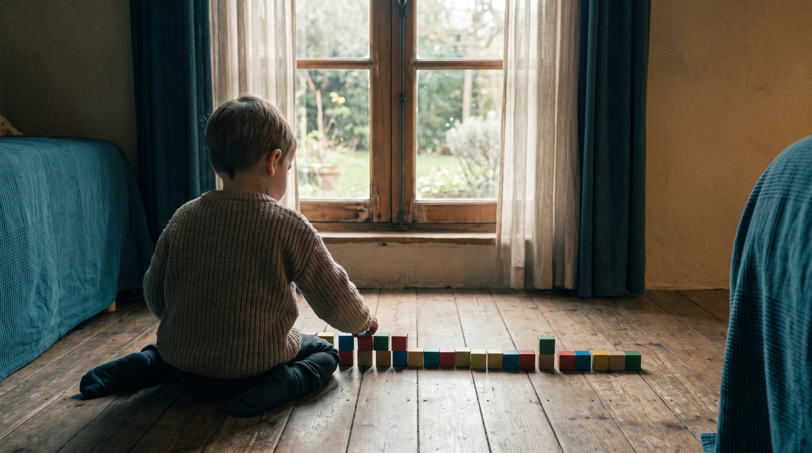 Bambino di spalle che allinea blocchi colorati sul pavimento davanti a una finestra luminosa
