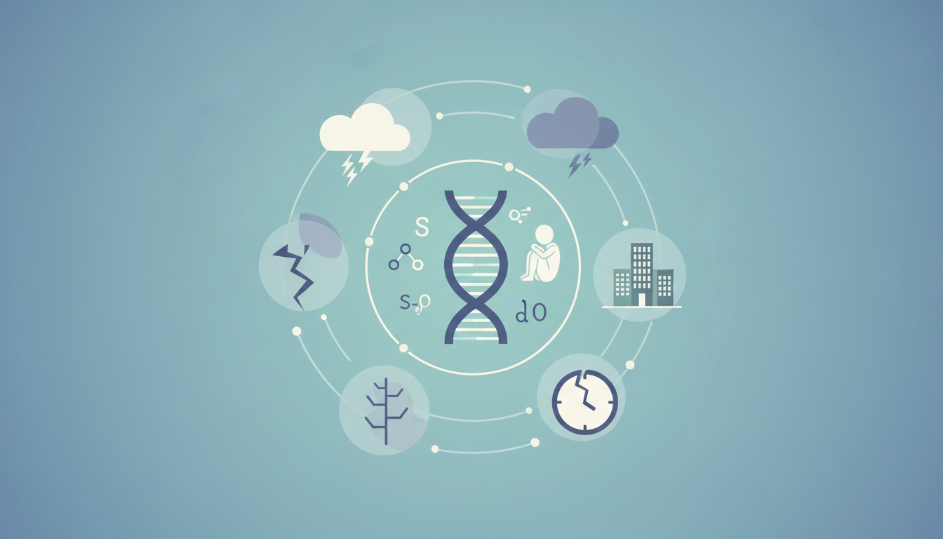 Illustrazione di fattori interconnessi che causano il disturbo ansia generalizzato, compresi la genetica e l'ambiente