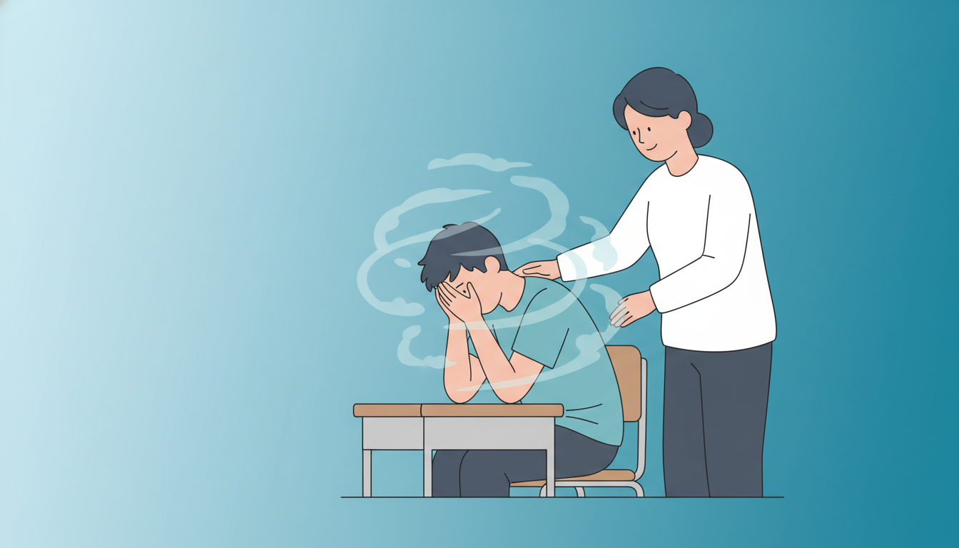 Illustrazione di un adolescente che sperimenta il ansia a scuola con un adulto che lo sostiene e lo conforta