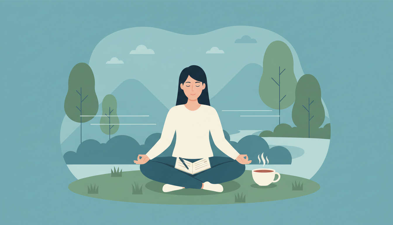 Illustrazione di una persona che pratica mindfulness all'aperto con un diario e una tazza di tè