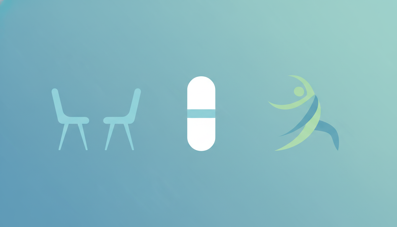 Illustrazione che mostra tre approcci terapeutici Disturbo d'Ansia Generalizzata (GAD): sedie psicoterapia, capsule di farmaci ed esercizio fisico
