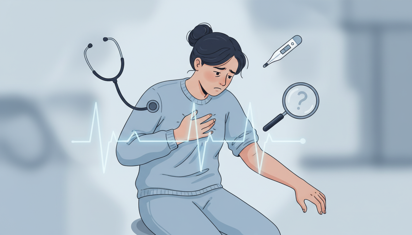Persona che controlla con ansia i sintomi del proprio corpo circondata da simboli medici che rappresentano la salute ansia