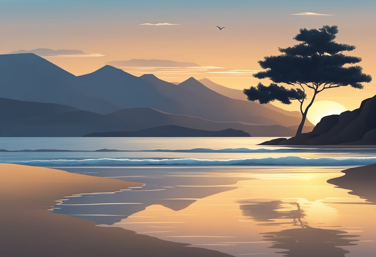 Spiaggia serena al tramonto con onde calme e albero solitario sulla riva