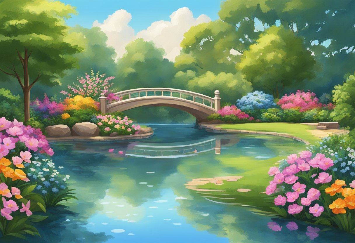 Giardino sereno con stagno tranquillo circondato da fiori colorati e vegetazione sotto cielo azzurro