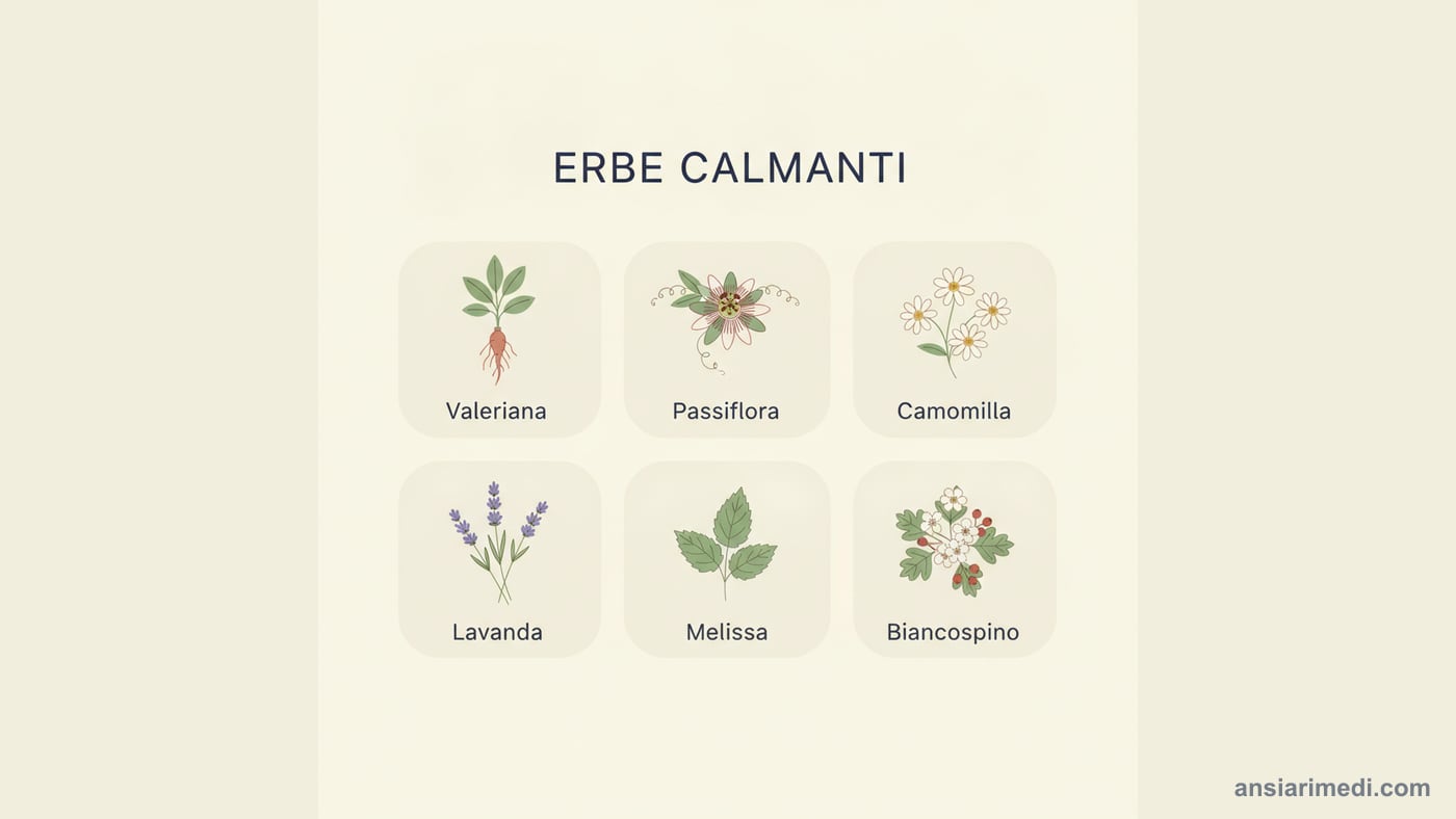 Panoramica delle principali erbe calmanti per l'ansia: valeriana, passiflora, camomilla, lavanda, melissa e biancospino, le piante officinali con maggiore tradizione ed evidenza d'uso ansiolitico