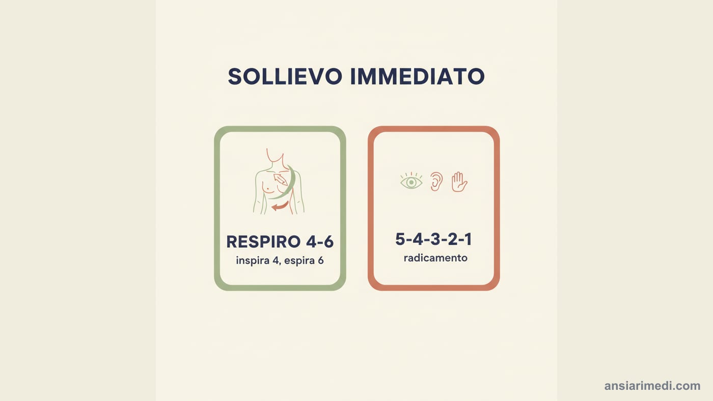 Sollievo immediato dall'ansia acuta: la respirazione a espirazione lunga 4-6 (inspira 4 secondi, espira 6) e la tecnica di radicamento 5-4-3-2-1, le due leve più rapide per calmare un picco d'ansia in pochi minuti