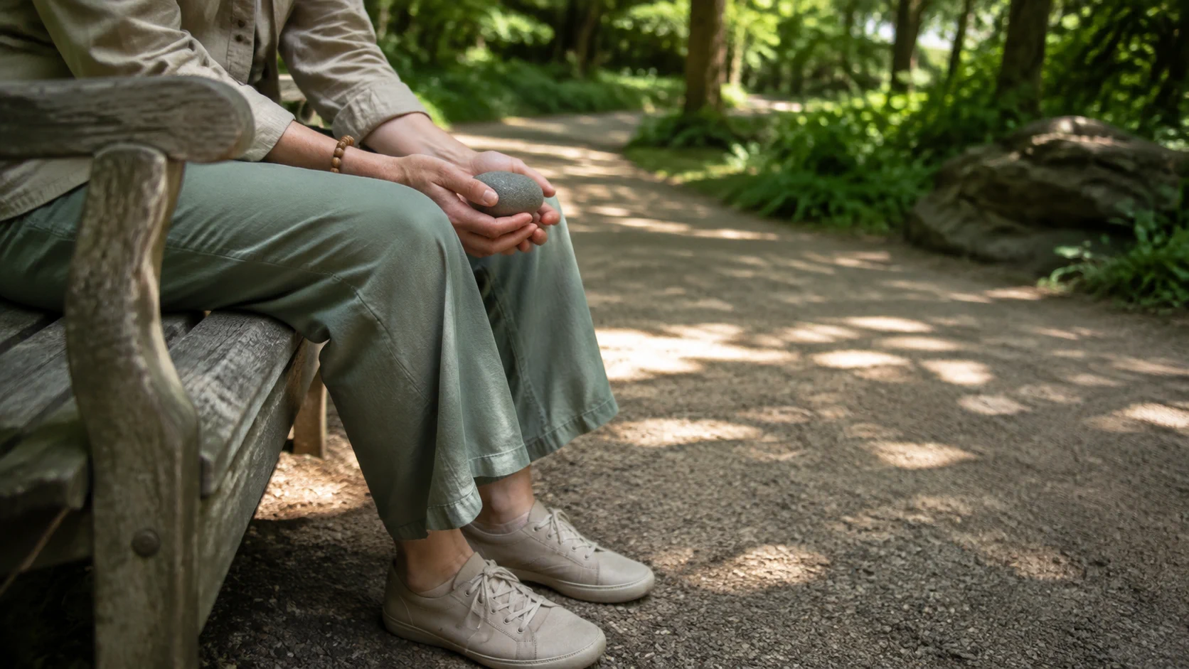 Mani che tengono un sasso liscio su una panchina in un giardino