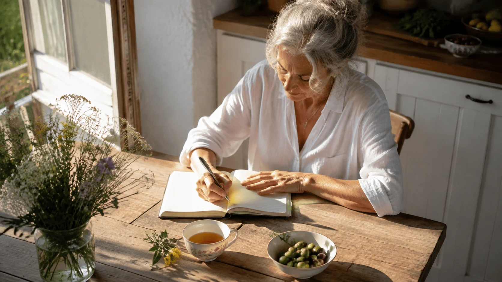 Donna che scrive su un quaderno accanto a una tisana in una cucina luminosa