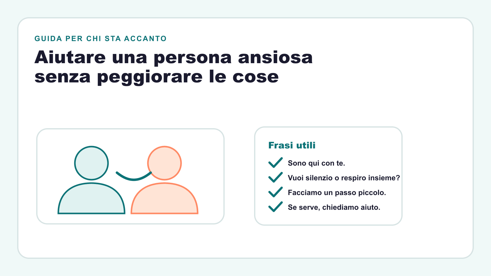 Cover editoriale con due persone in ascolto e frasi utili per stare vicino a una persona ansiosa.