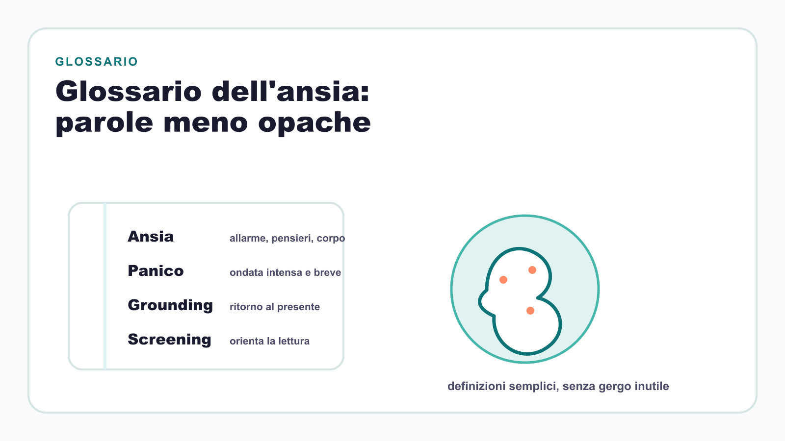 Cover editoriale del glossario con esempi di parole spiegate: ansia, panico, grounding e screening.